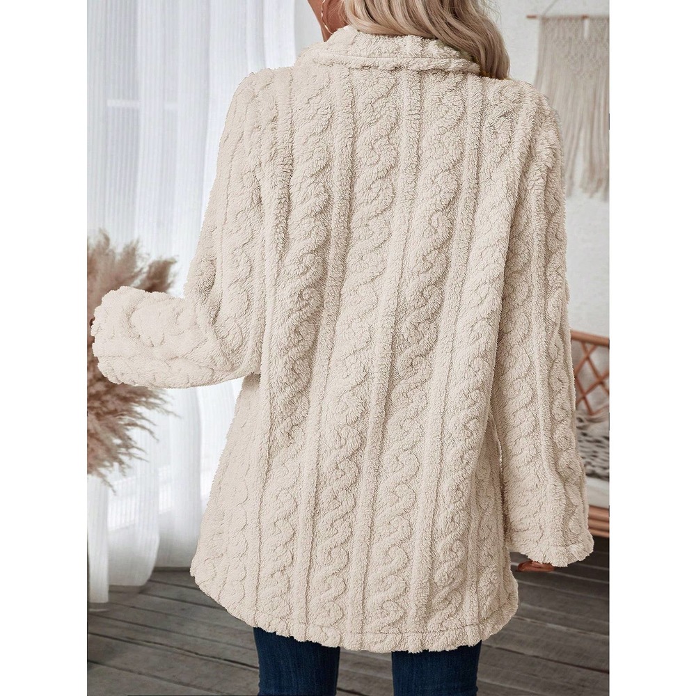 minimalist Double Breasted Lapel collar ribbed knit teddy Coat - Picture 2 of 11